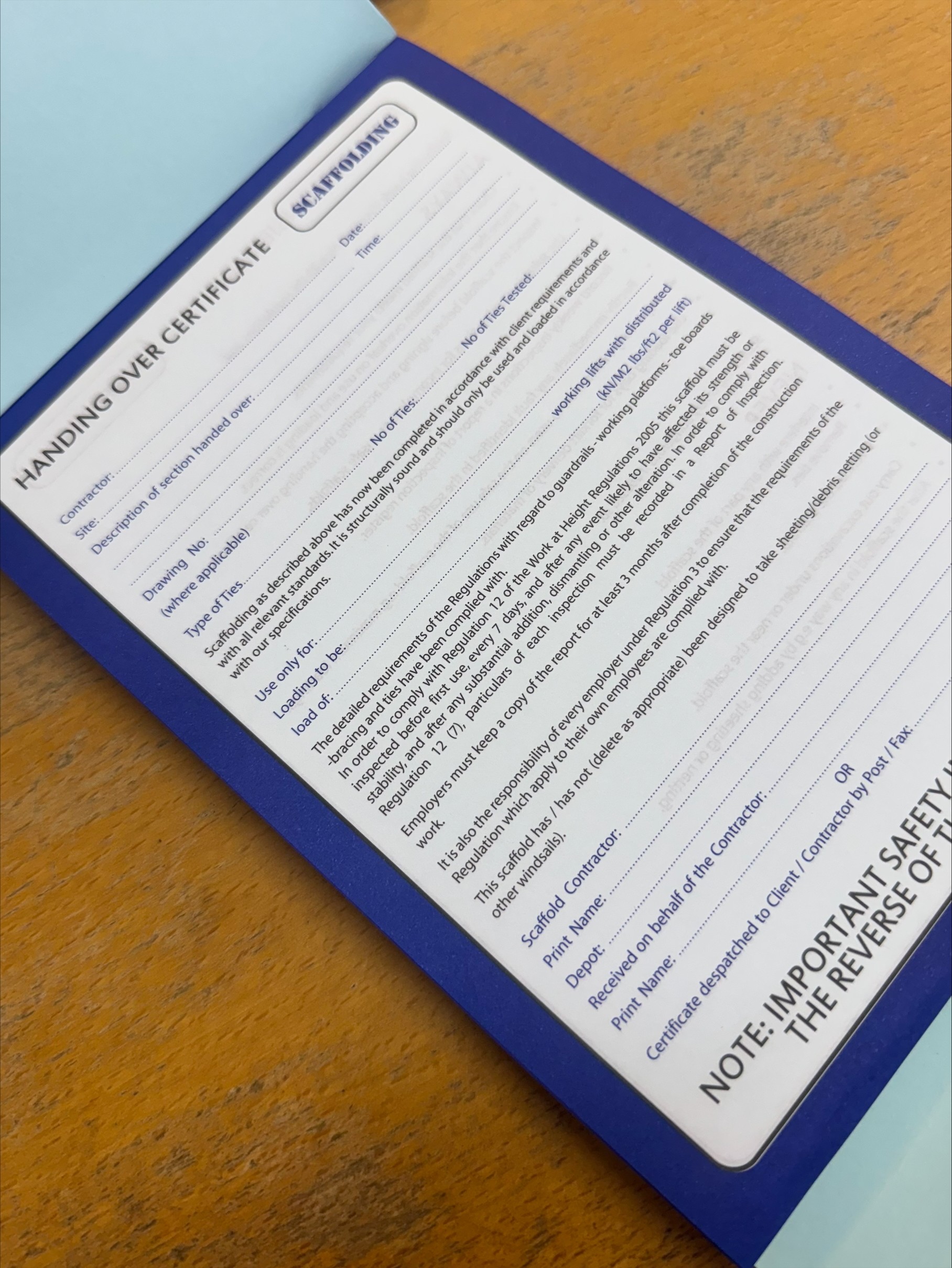 Scaffold Handover Certificate book